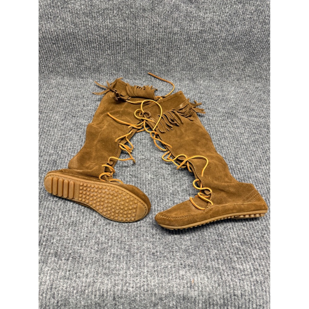 Minnetonka 1628 Brown Suede Front Lace Knee High Fringe Moccasin Boots Womens 6